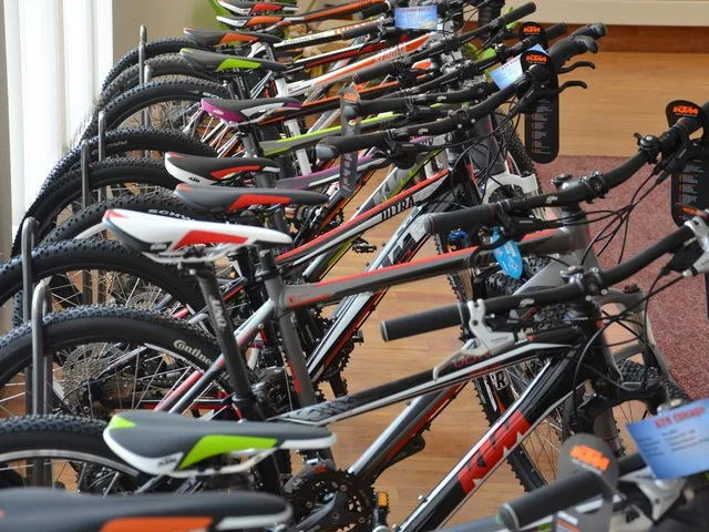 Reihe von Mountainbikes und E-Bikes im Schauraum